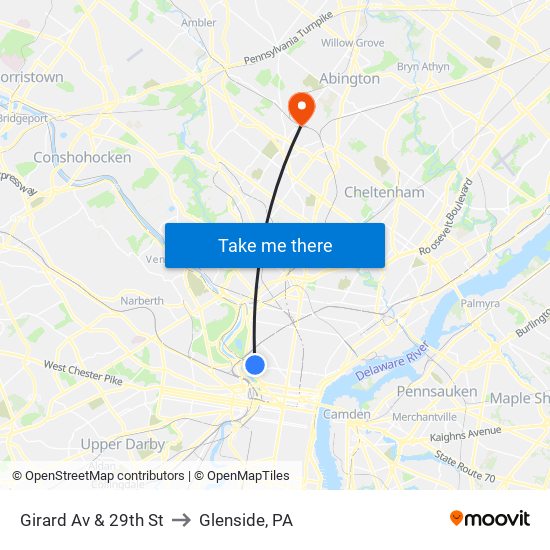 Girard Av & 29th St to Glenside, PA map