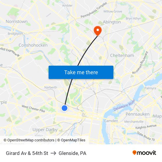 Girard Av & 54th St to Glenside, PA map