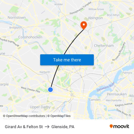Girard Av & Felton St to Glenside, PA map