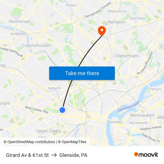 Girard Av & 61st St to Glenside, PA map