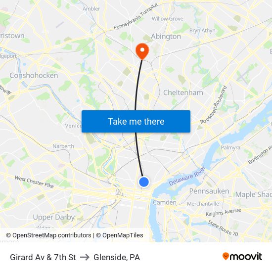 Girard Av & 7th St to Glenside, PA map