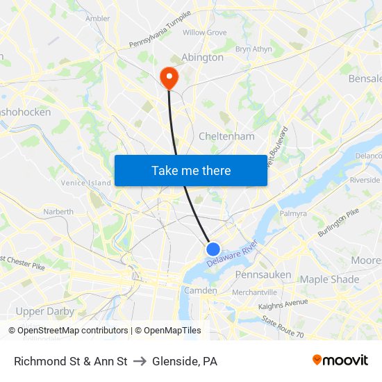 Richmond St & Ann St to Glenside, PA map