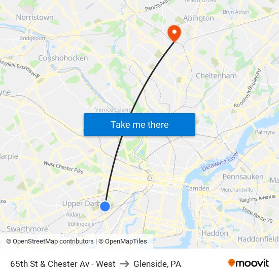 65th St & Chester Av - West to Glenside, PA map
