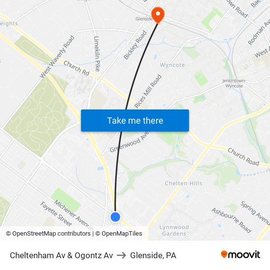 Cheltenham Av & Ogontz Av to Glenside, PA map