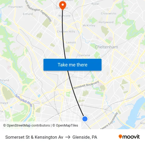 Somerset St & Kensington Av to Glenside, PA map