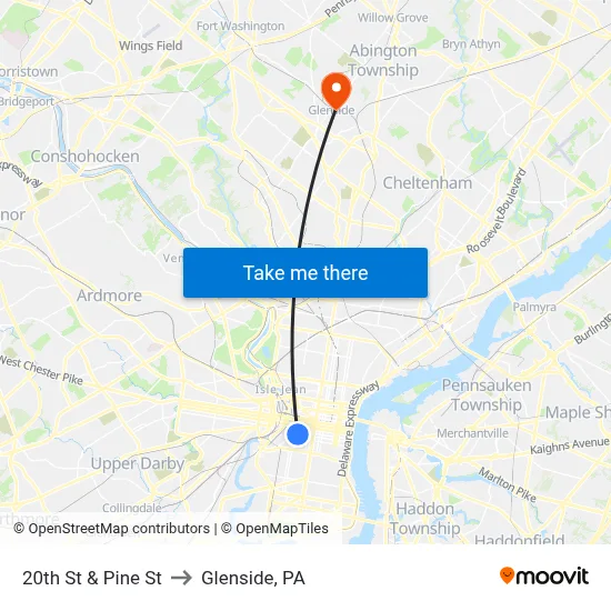 20th St & Pine St to Glenside, PA map