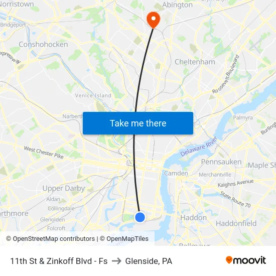 11th St & Zinkoff Blvd - Fs to Glenside, PA map
