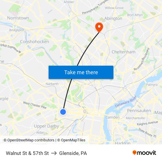 Walnut St & 57th St to Glenside, PA map