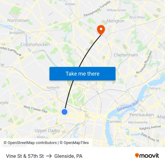 Vine St & 57th St to Glenside, PA map