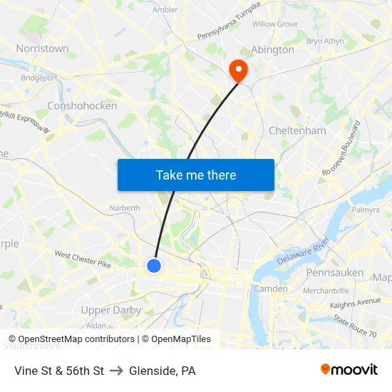 Vine St & 56th St to Glenside, PA map
