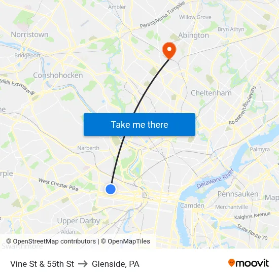 Vine St & 55th St to Glenside, PA map