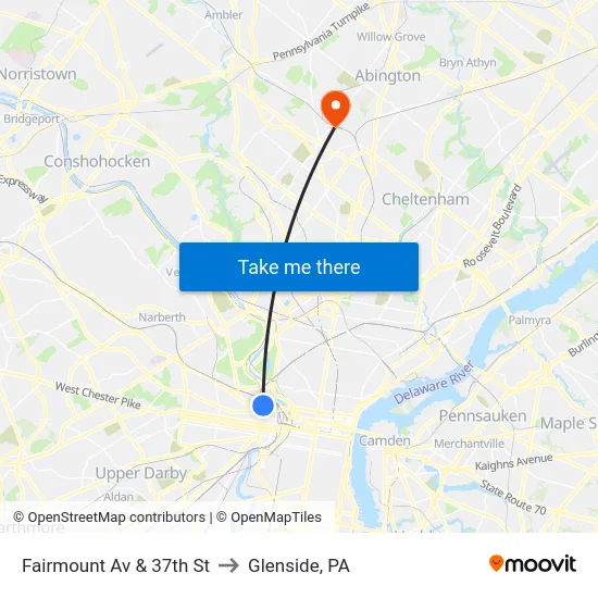 Fairmount Av & 37th St to Glenside, PA map