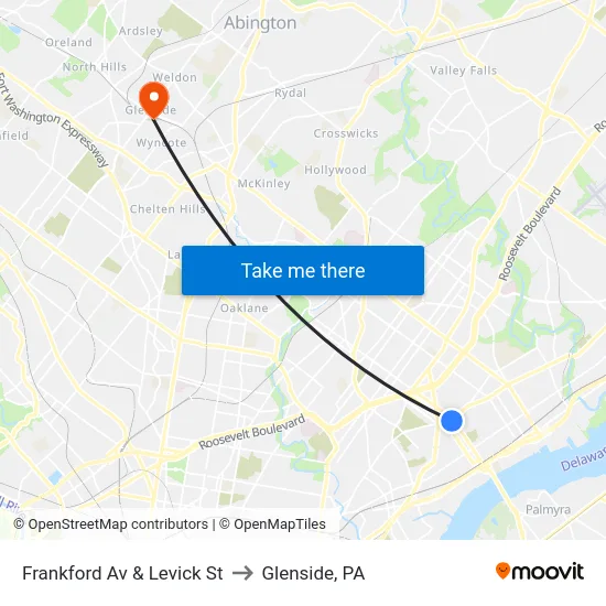 Frankford Av & Levick St to Glenside, PA map