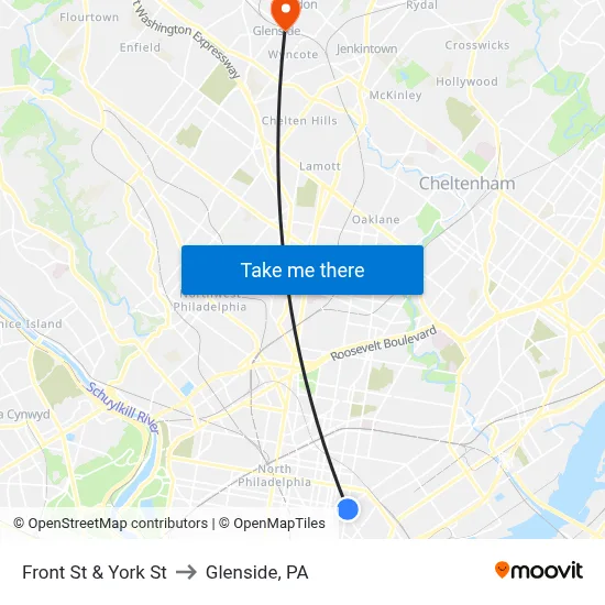 Front St & York St to Glenside, PA map