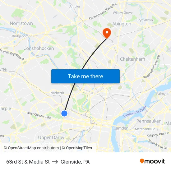 63rd St & Media St to Glenside, PA map