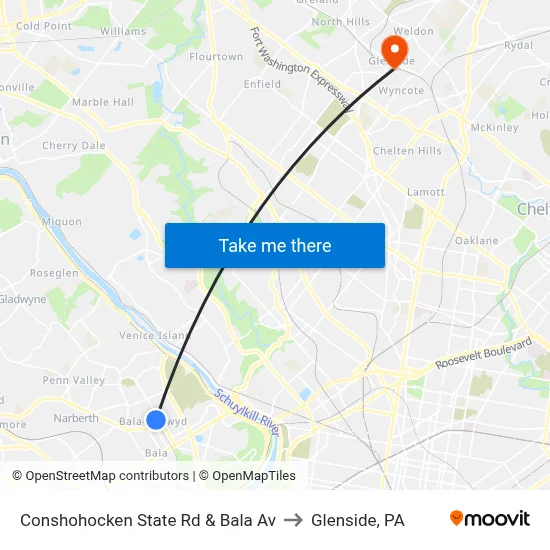 Conshohocken State Rd & Bala Av to Glenside, PA map