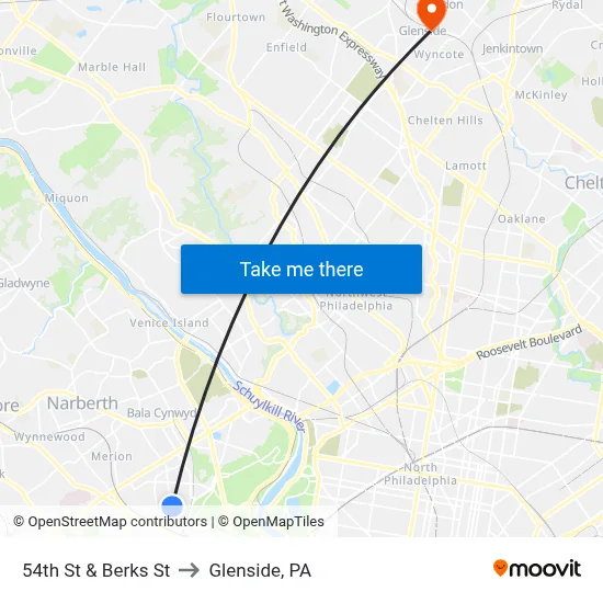 54th St & Berks St to Glenside, PA map