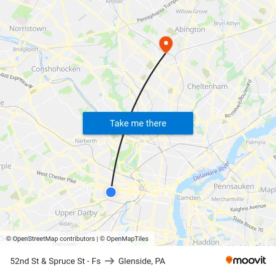 52nd St & Spruce St - Fs to Glenside, PA map