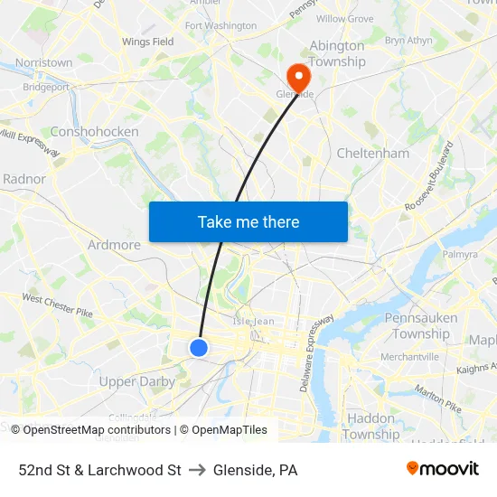 52nd St & Larchwood St to Glenside, PA map