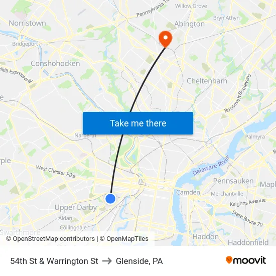 54th St & Warrington St to Glenside, PA map