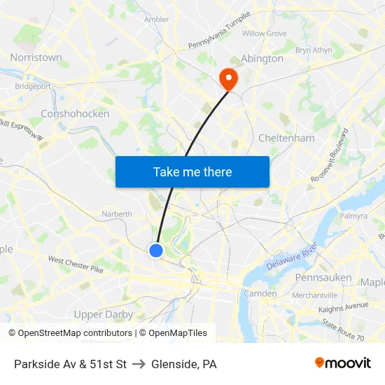 Parkside Av & 51st St to Glenside, PA map