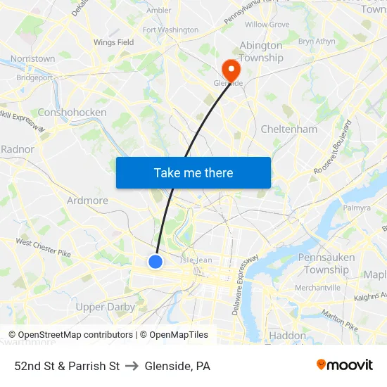 52nd St & Parrish St to Glenside, PA map