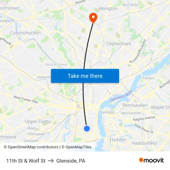11th St & Wolf St to Glenside, PA map