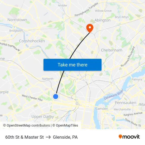 60th St & Master St to Glenside, PA map
