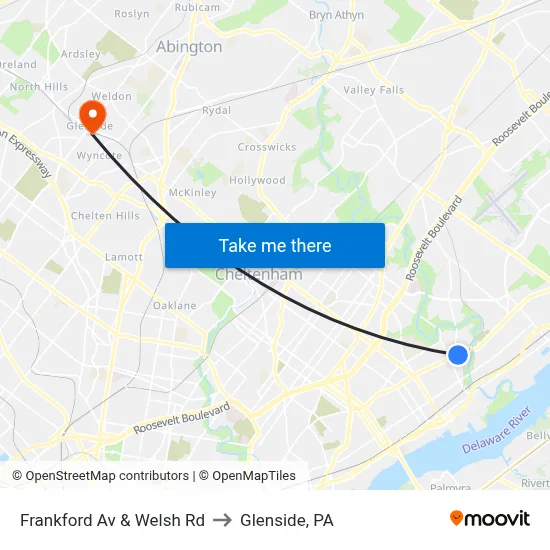 Frankford Av & Welsh Rd to Glenside, PA map