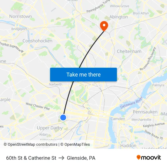 60th St & Catherine St to Glenside, PA map