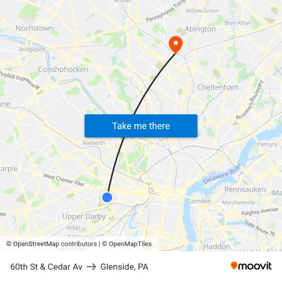 60th St & Cedar Av to Glenside, PA map