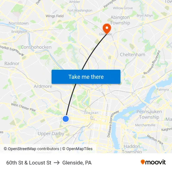 60th St & Locust St to Glenside, PA map