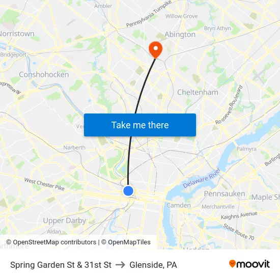 Spring Garden St & 31st St to Glenside, PA map