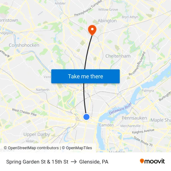 Spring Garden St & 15th St to Glenside, PA map