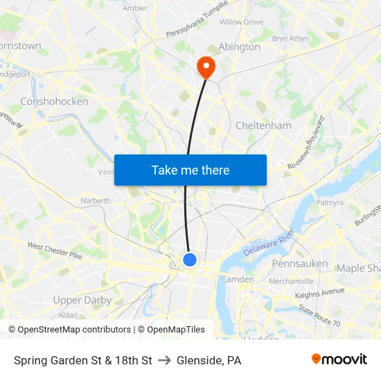 Spring Garden St & 18th St to Glenside, PA map