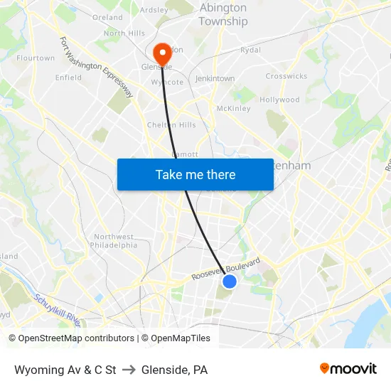 Wyoming Av & C St to Glenside, PA map