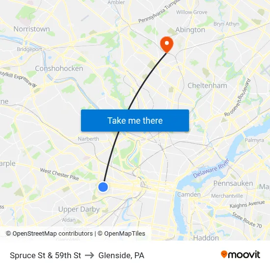 Spruce St & 59th St to Glenside, PA map