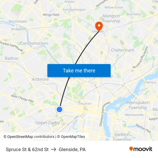 Spruce St & 62nd St to Glenside, PA map