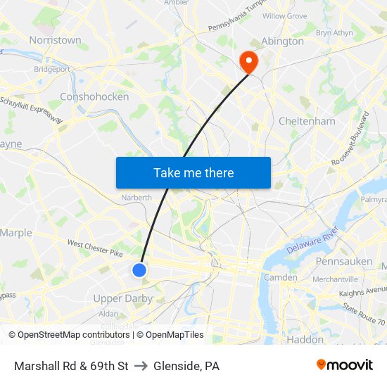 Marshall Rd & 69th St to Glenside, PA map