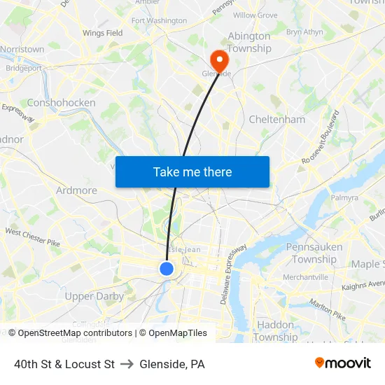 40th St & Locust St to Glenside, PA map