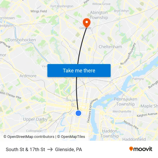 South St & 17th St to Glenside, PA map