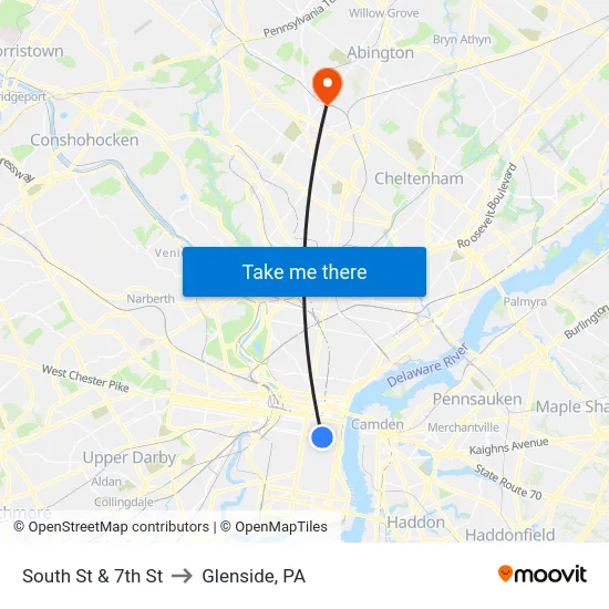 South St & 7th St to Glenside, PA map