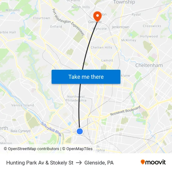 Hunting Park Av & Stokely St to Glenside, PA map