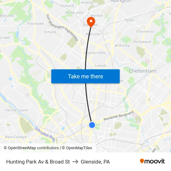 Hunting Park Av & Broad St to Glenside, PA map