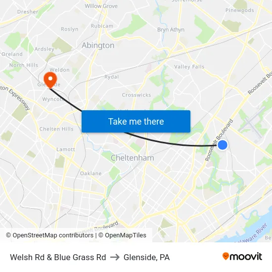 Welsh Rd & Blue Grass Rd to Glenside, PA map