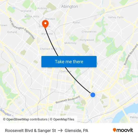 Roosevelt Blvd & Sanger St to Glenside, PA map