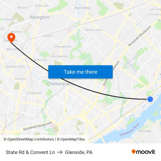 State Rd & Convent Ln to Glenside, PA map