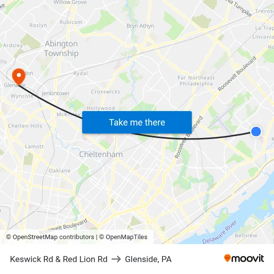 Keswick Rd & Red Lion Rd to Glenside, PA map