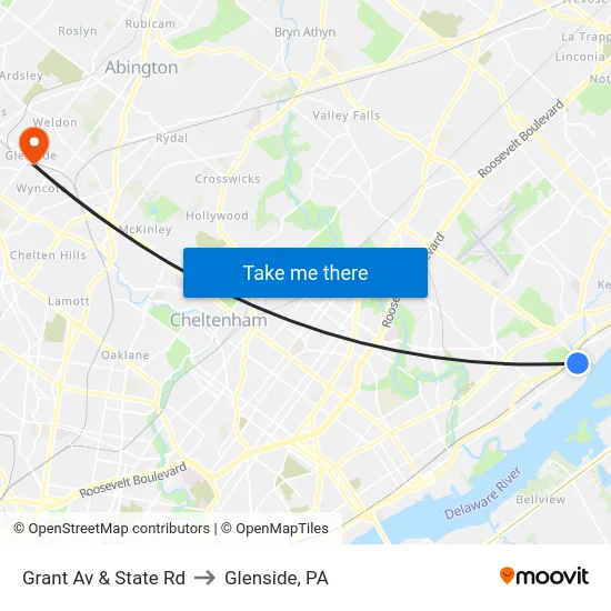 Grant Av & State Rd to Glenside, PA map