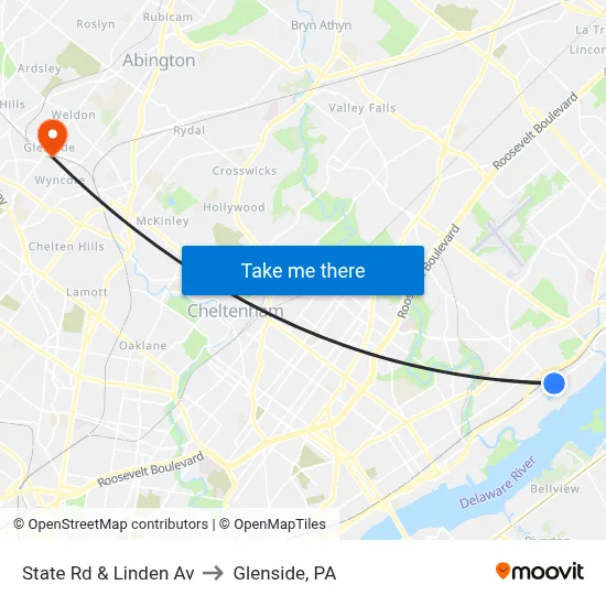 State Rd & Linden Av to Glenside, PA map